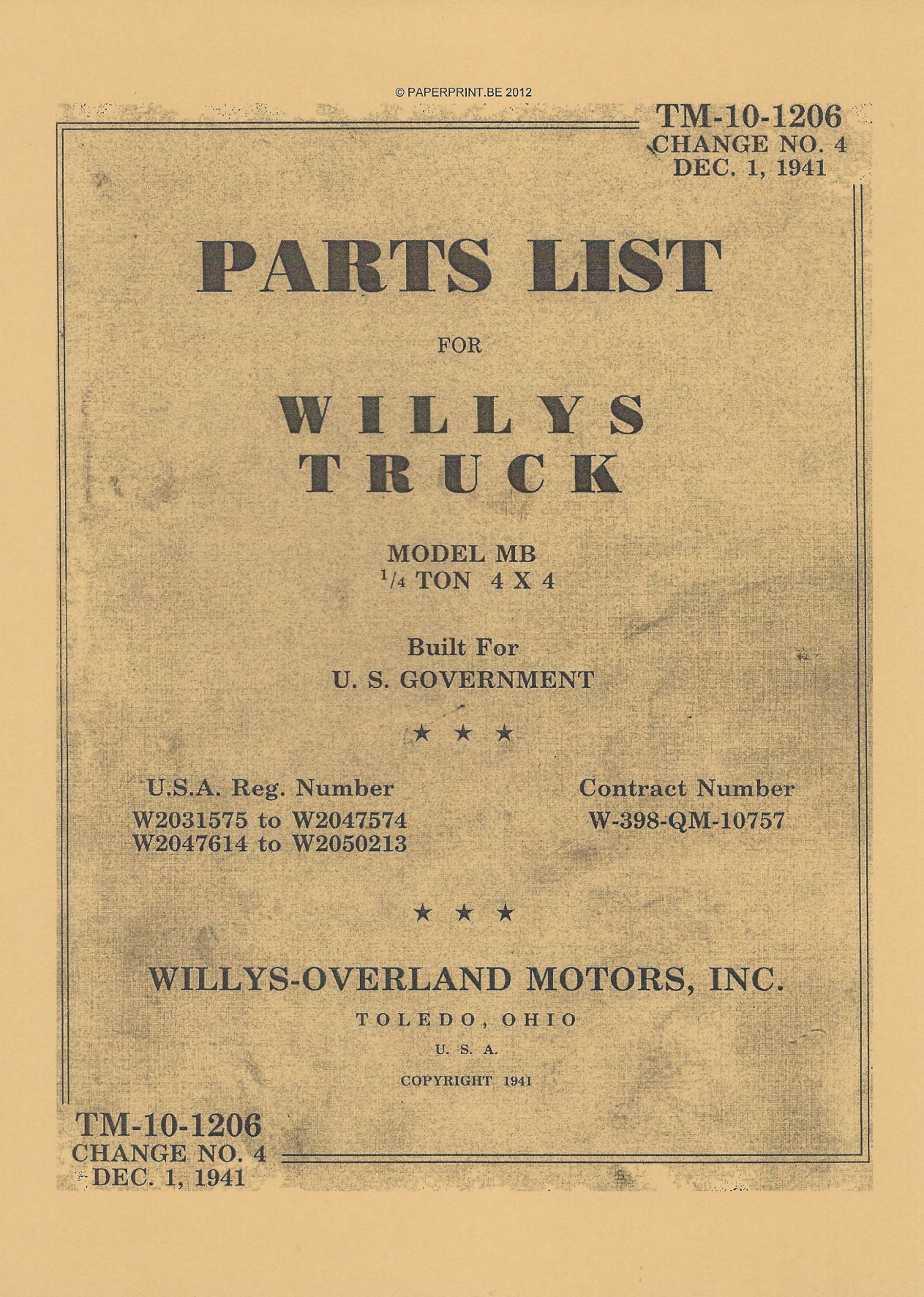 TM 10-1206 US PARTS LIST FOR WILLYS MB